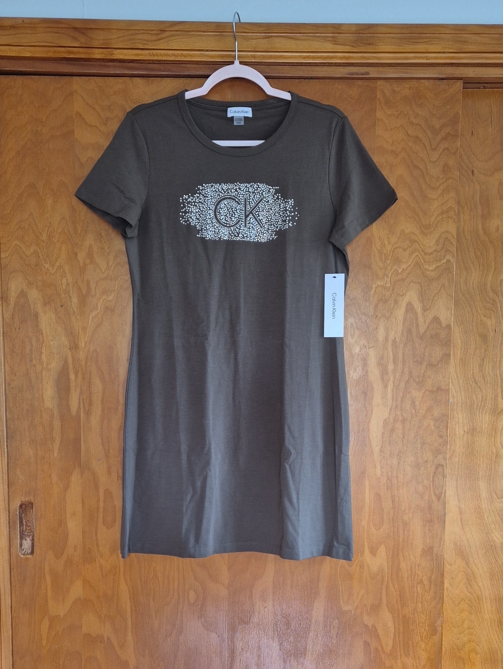 Calvin Klein Olive Green Short Sleeve Logo Tee Dress with Rhinestone Embellishme